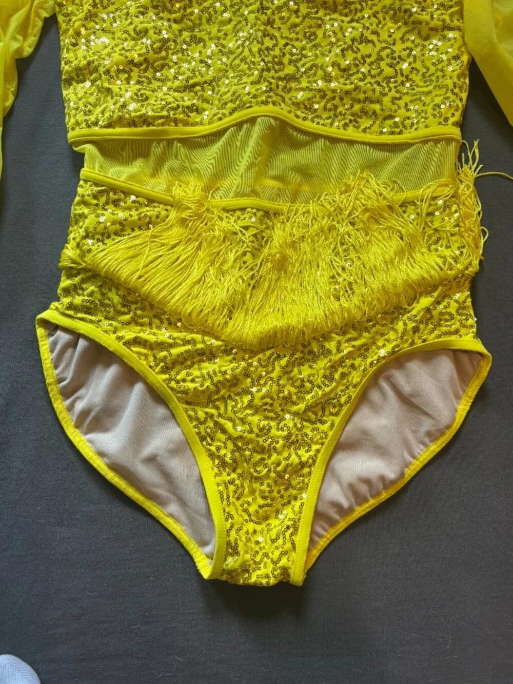 Weissman Yellow Sequin Mesh Long Sleeve Fringe Skirt Dance Costume Dress MC